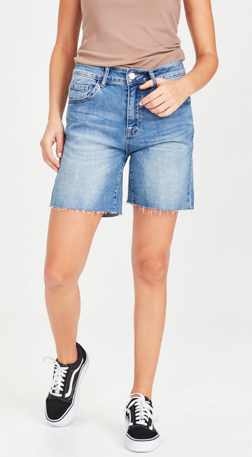 stretch denim long dark blue short